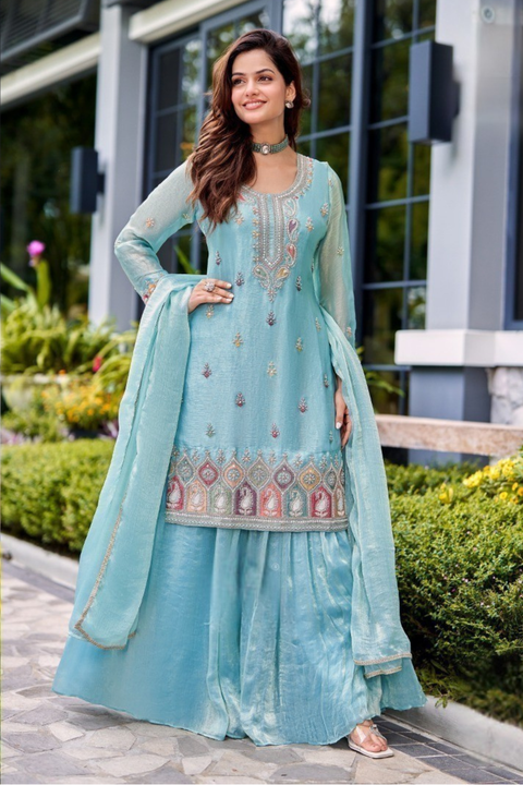 Suit Sea-Green Simmer Tissue Sequins Cutdana Work Embroidery Suit With Garara (D1838)