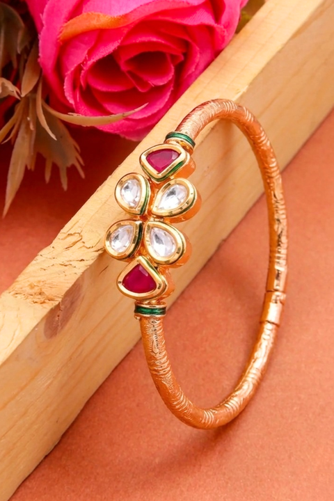 Designer Gold Plated Royal Kundan & Ruby Openable Bracelet (D184)