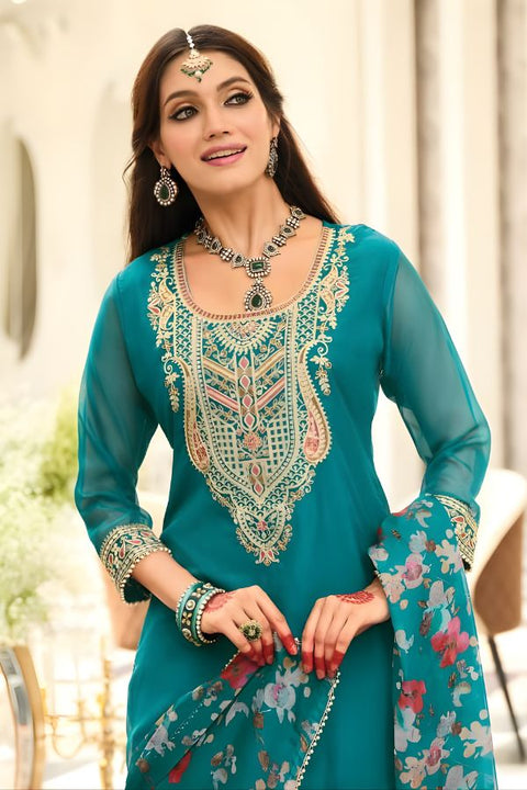 Premium-Weave Organza Embroidery Work Suit with Plazzo & Dupatta (D1702)