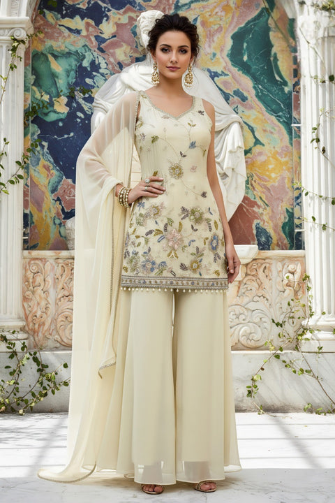 Beige Colour Simmer Tissue Golden Zari Stone Work Embroidery Suit & Palazzo With Dupatta  (D1835)