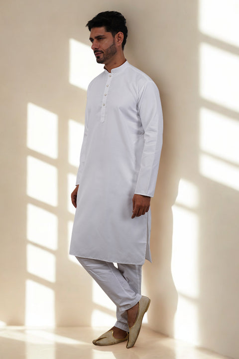 Designer Men's White Color Cotton Kurta Pajama With Self Print (D262)