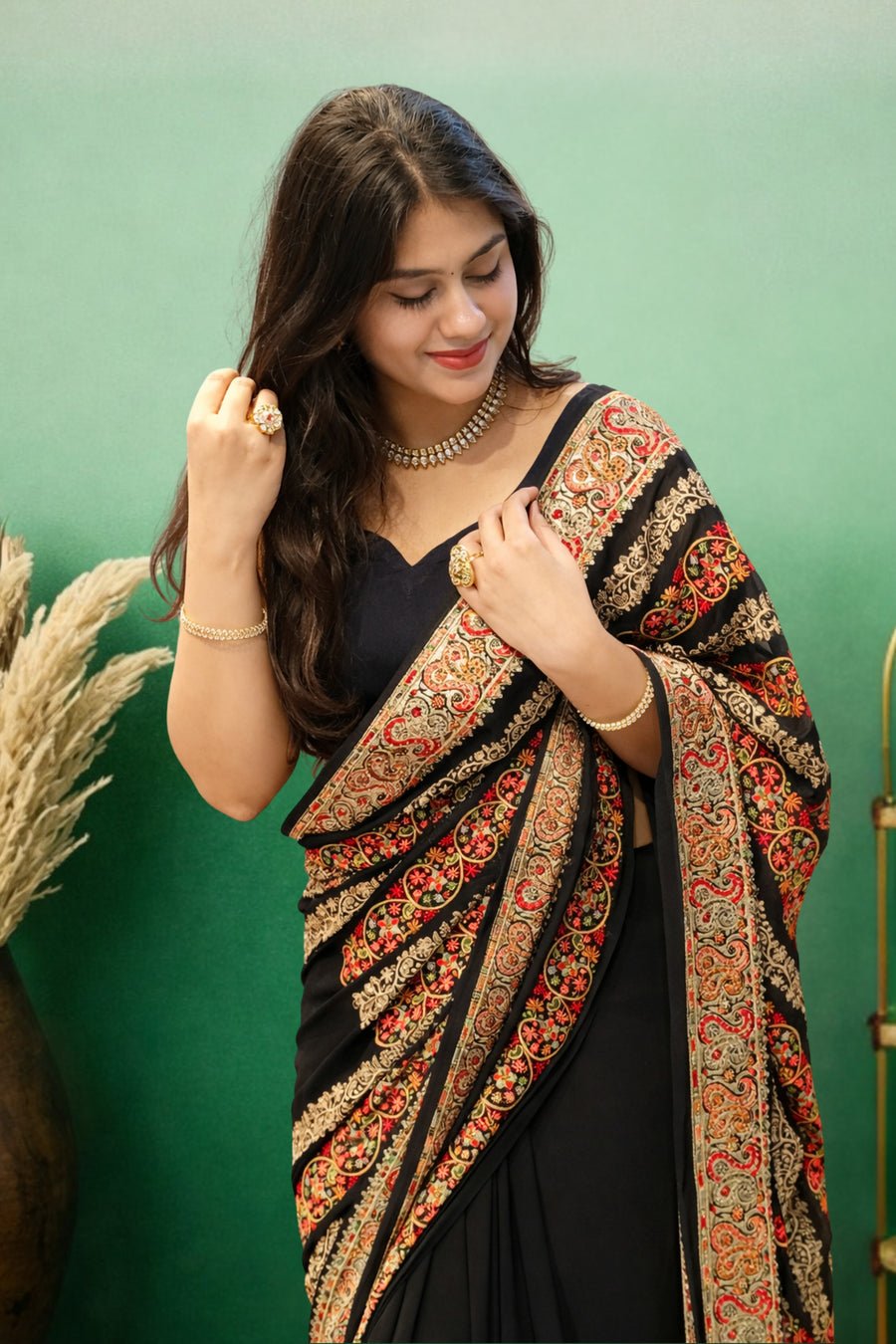 Black Georgette Kashmiri Saree – Stone Thread Work Designer Saree (D948)