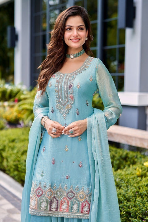 Suit Sea-Green Simmer Tissue Sequins Cutdana Work Embroidery Suit With Garara (D1838)