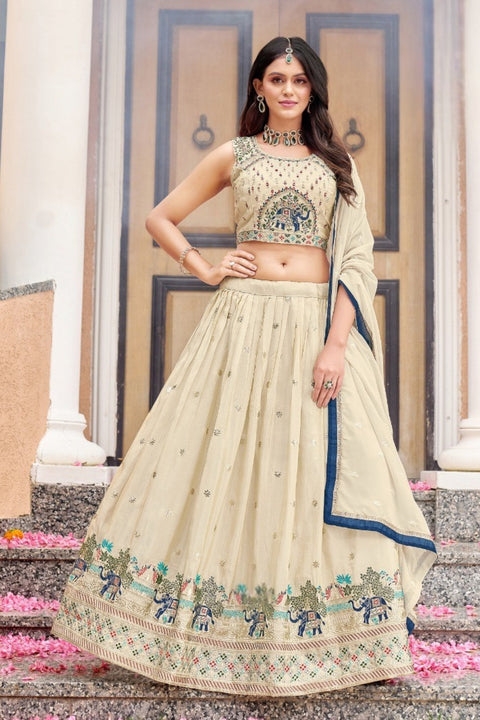 Beige -Chanderi Silk Sequence Therad Work Embroidery Lehenga & Blouse With Dupatta (D988)
