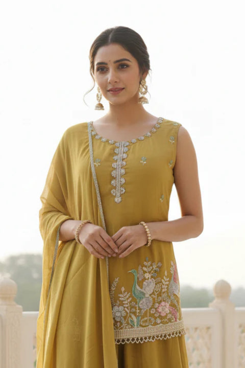 Women’s Yellow Colour Chiffon Sequins Cutdana Work Sleeveless Suit Set (D1829)