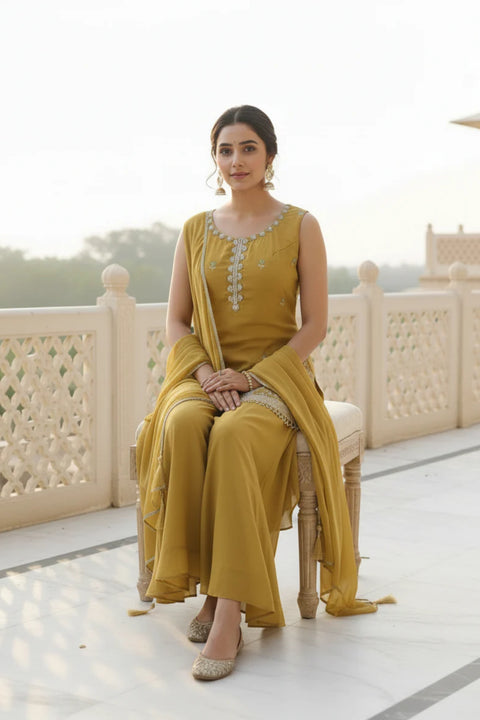 Women’s Yellow Colour Chiffon Sequins Cutdana Work Sleeveless Suit Set (D1829)