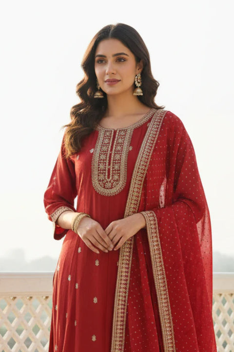 Red Colour Chinon Silk Golden Zari Cutdana Work  Embroidery Anarkali Suit (D1830)
