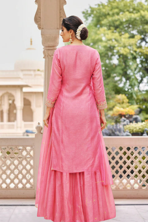 Suit Carrot Pink Colour Simmer Tissue Sequins Cutdana Work Embroidery Suit With Garara (D1840)