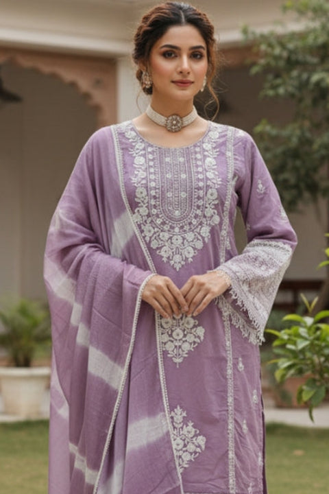 Lavender & White Colour Rayon Theard & Sequins Embroidery Suit With Pant (D1849)