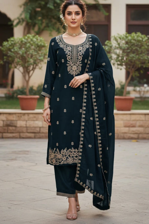 Suit Teal & Blue Colour Maslin Silk Sequins Cutdana Work Embroidery Suit With Pant (D1859)