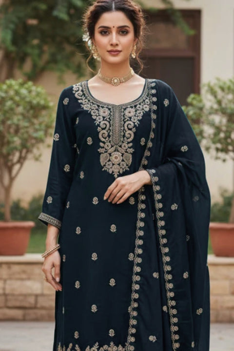Suit Teal & Blue Colour Maslin Silk Sequins Cutdana Work Embroidery Suit With Pant (D1859)