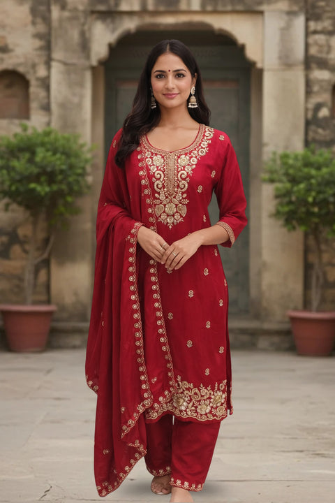 Red Colour Chinon Silk Sequins Cutdana Work Embroidery Suit & Palazzo With Dupatta (D1861)