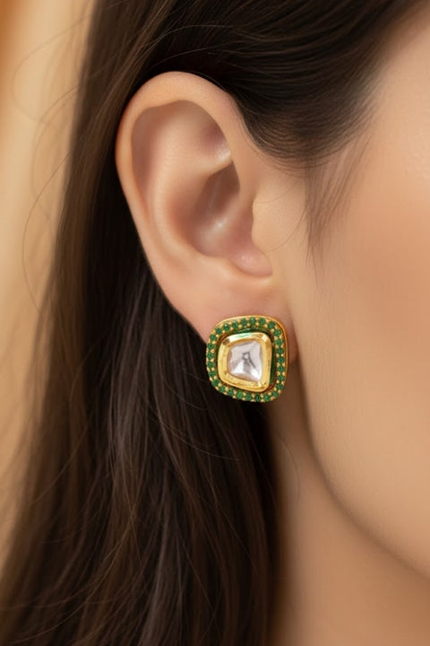 Stunning Gold Plated Green Kundan Studs Earrings (E987)