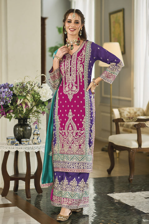 Designer Magenta & Purple Color Suit with Palazzo & Dupatta in Silk (D1067)