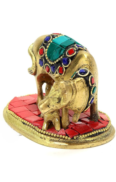 Gemstone Work Brass Holy Kamdhenu Cow and Calf Sculpture, Standard, Pack of 1(Design 77)