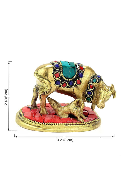 Gemstone Work Brass Holy Kamdhenu Cow and Calf Sculpture, Standard, Pack of 1(Design 77)