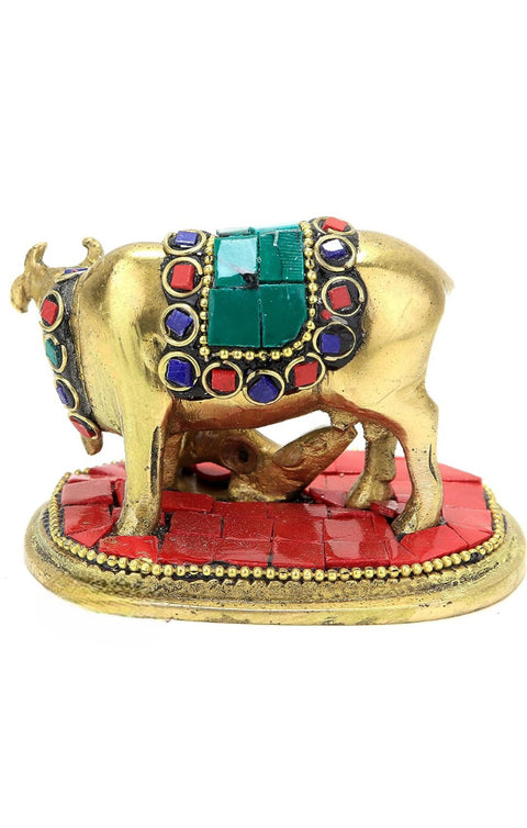 Gemstone Work Brass Holy Kamdhenu Cow and Calf Sculpture, Standard, Pack of 1(Design 77)