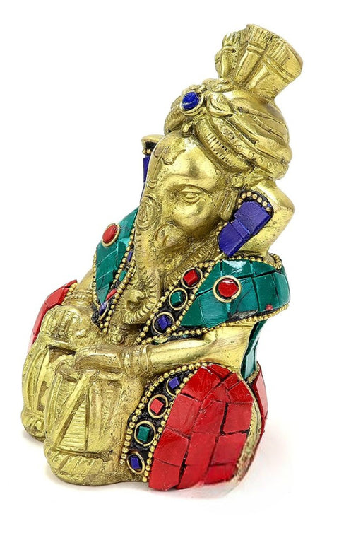 Gemstone Work Brass Ganesha Playing Tabla Showpiece, Standard, Pack of 1(Design 80)