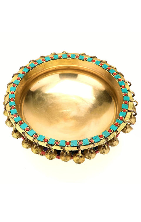 Gemstone Work Brass 8 Inches Urli Bowl on Ethnic Carved Legs, Gemstone Work, Material - Brass, Pack of 1(Design 81)