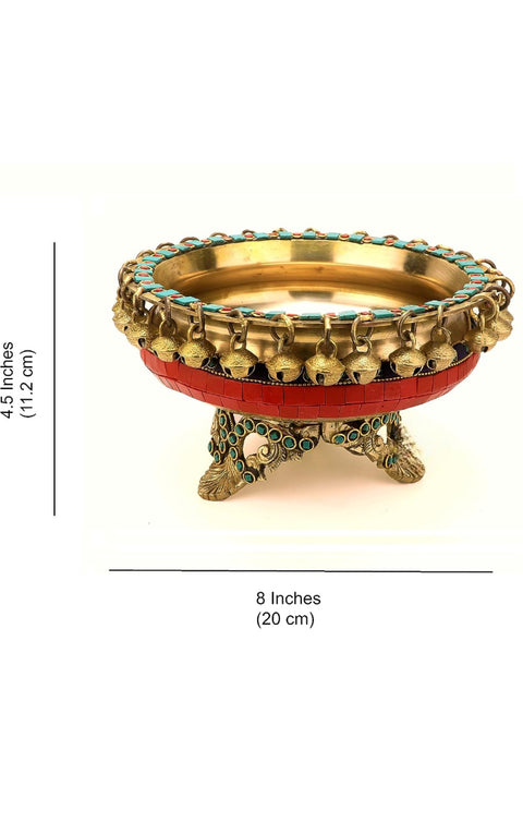 Gemstone Work Brass 8 Inches Urli Bowl on Ethnic Carved Legs, Gemstone Work, Material - Brass, Pack of 1(Design 81)