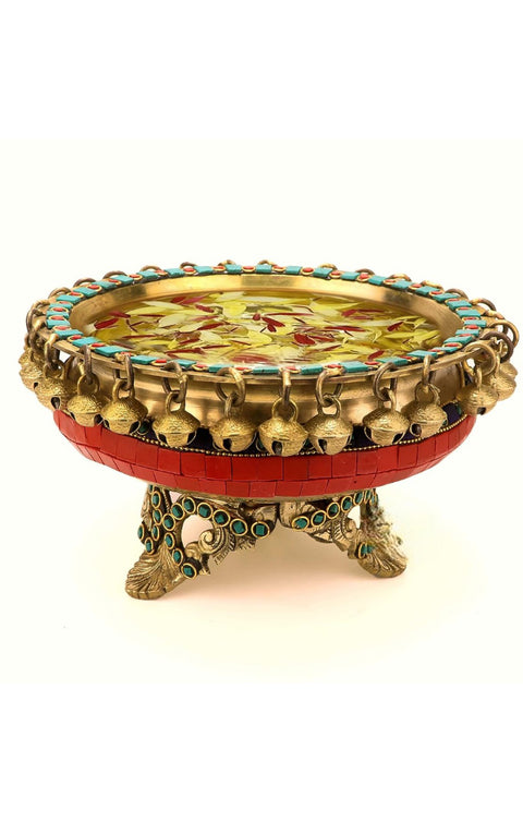 Gemstone Work Brass 8 Inches Urli Bowl on Ethnic Carved Legs, Gemstone Work, Material - Brass, Pack of 1(Design 81)
