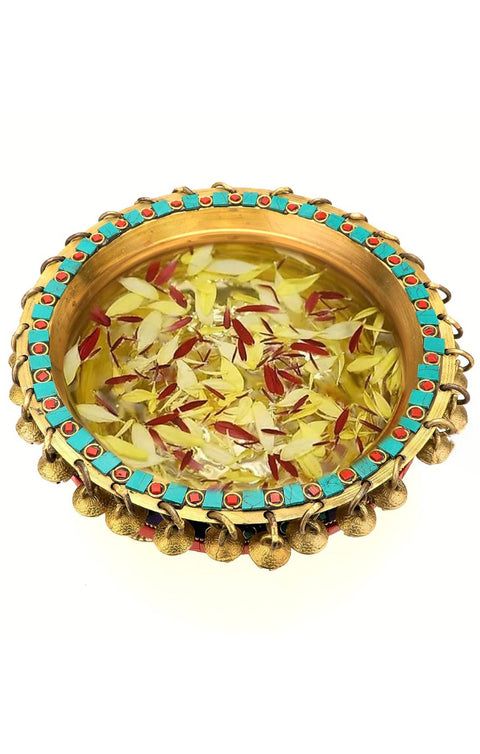 Gemstone Work Brass 8 Inches Urli Bowl on Ethnic Carved Legs, Gemstone Work, Material - Brass, Pack of 1(Design 81)