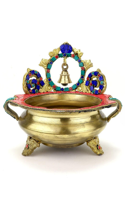 Gemstone Work Ethnic Carved 7 Inches Brass Décor Urli Showpiece with Bell, Height 7 Inches, Material - Brass, Pack of 1(Design 86)