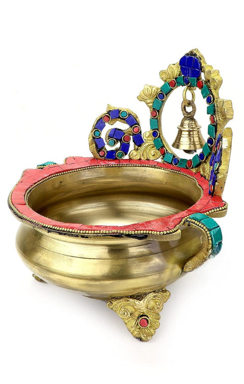 Gemstone Work Ethnic Carved 7 Inches Brass Décor Urli Showpiece with Bell, Height 7 Inches, Material - Brass, Pack of 1(Design 86)