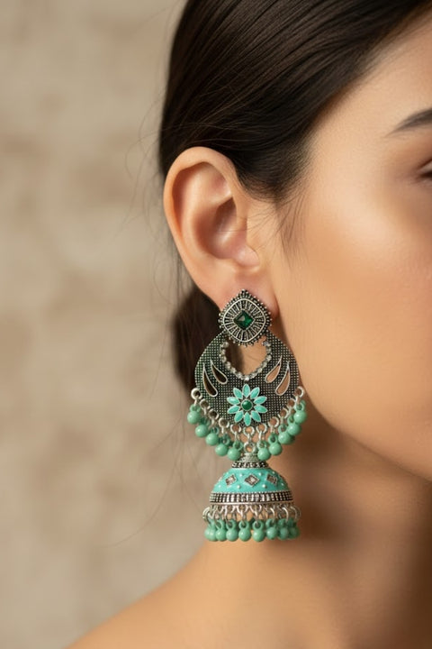 Traditional Style Oxidized Earrings with Green Beads for Casual Party (E606)