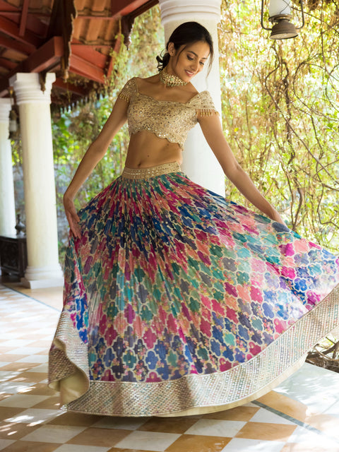Multicolored Off Shoulder Lehenga Set With Ivory Blouse For Party Wear(D279)