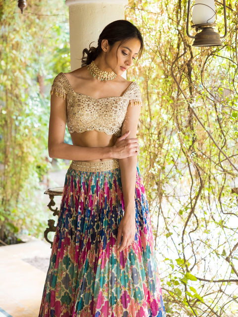 Multicolored Off Shoulder Lehenga Set With Ivory Blouse For Party Wear(D279)