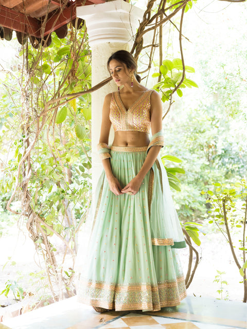 Minty Pistachio Lehenga Set With Multicolored Blouse For Party Wear(D278)