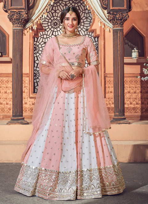 Designer Peach & White Color Georgette Thread With Sequins Embroidered Lehenga Choli (D219)
