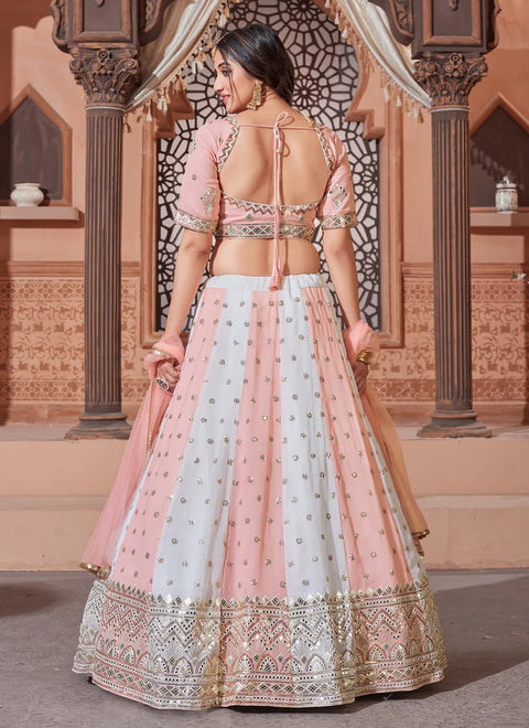 Designer Peach & White Color Georgette Thread With Sequins Embroidered Lehenga Choli (D219)
