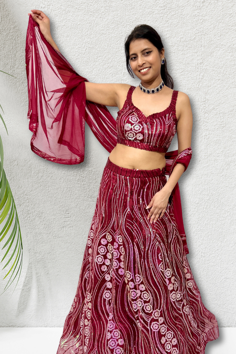 Maroon Color Net Embroidery Floral Sequin Lehenga Set For Women (D392)