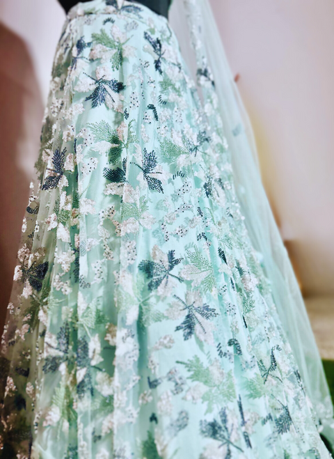 Sea Green Net Multi Sequins Embroidered Floral Lehenga For Party Wear (D383)