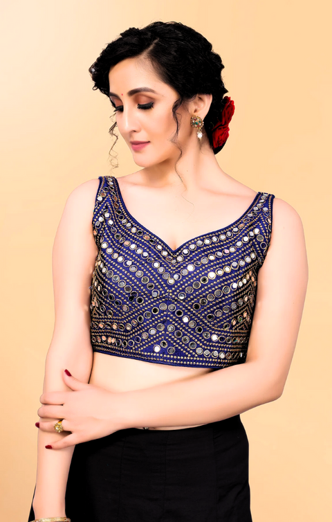 New Arrival Silk Imported Fabric Navy Blue Fully Stitched Blouse with Mirror Work For Casual Party (Design 20 )