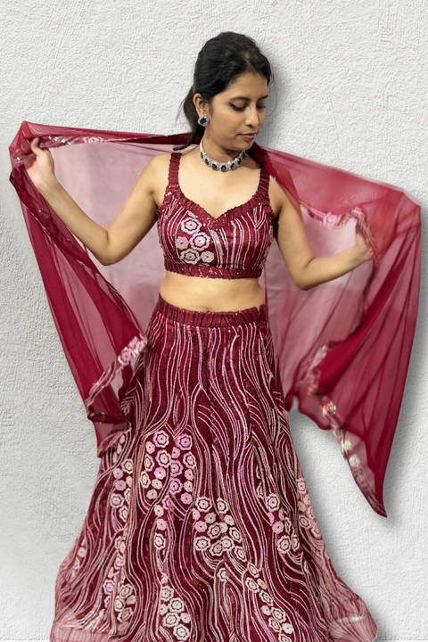 Maroon Color Net Embroidery Floral Sequin Lehenga Set For Women (D392)