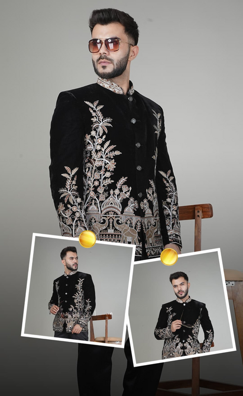 Black Velvet Embroidery Resham Thread Jungle Bandhgala (D219)