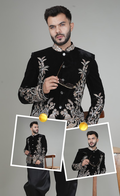Black Velvet Embroidery Resham Thread Jungle Bandhgala (D219)