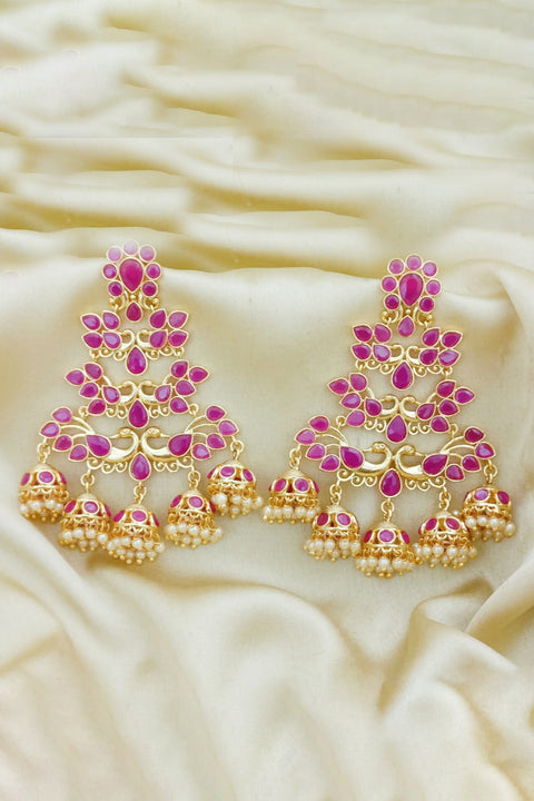 Long Dangle Ruby Earrings with Golden Bells (E375)