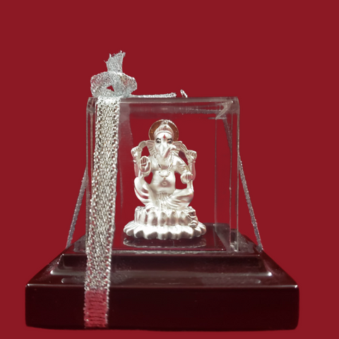 999 Pure Silver Rectangular Ganesha Idol with Orange Headrest