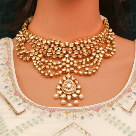 Designer Gold Plated Royal Kundan & Ruby Color Necklace with Earrings