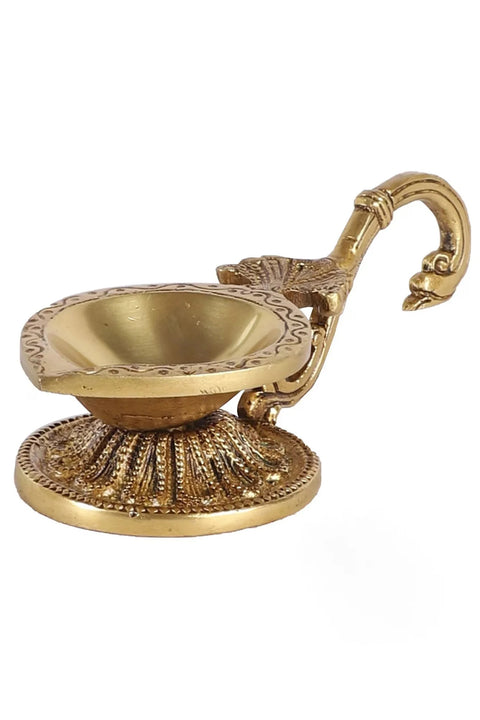Ethnic Handcarved Brass Diya with Curved Handle, Brass Indian Diya Lamp, Brass Decorative Diya, Handmade Lamp, Brass Diya for Home Temple(Design 74)