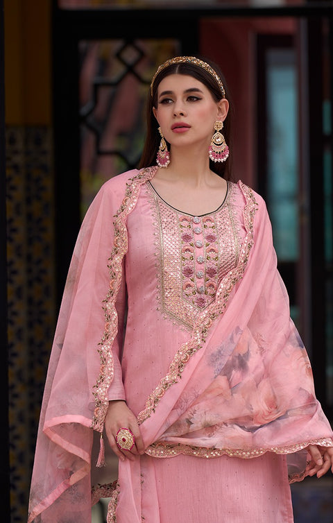 Pink Viscose Silk Wear Embroidery Work Readymade Suit With Pant & dupatta (D894)