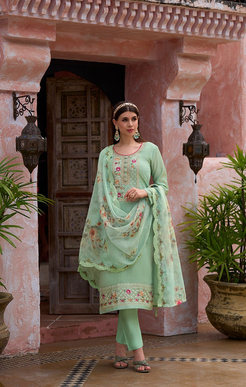 Light Green Viscose Silk Wear Embroidery Work Readymade Suit With Pant & dupatta (D897)