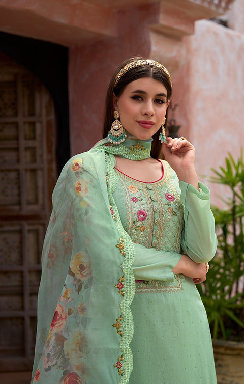 Light Green Viscose Silk Wear Embroidery Work Readymade Suit With Pant & dupatta (D897)