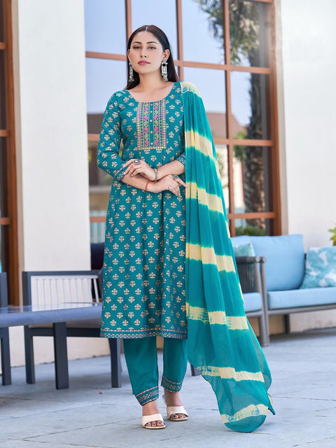 Designer Teal Green Color Suit with Pant & Dupatta in Rayon (D916)