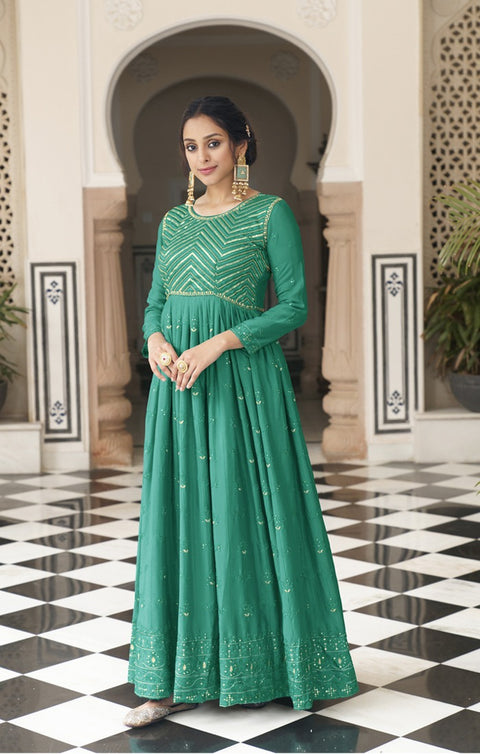 Designer Teal Green Color Floor Touch Gown With Dupatta in Chinnon (D906)