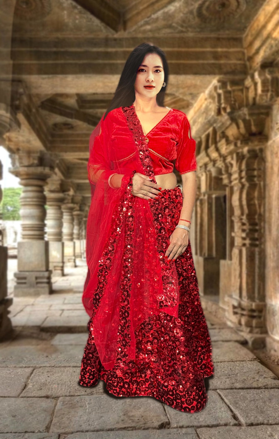Designer Beautiful Red Color Heavy Golden Sequin Work Velvet Lehenga Choli (D195E)